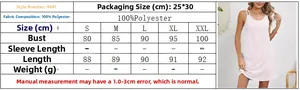 Size chart and measurement guide for white sleeveless 100% polyester dress