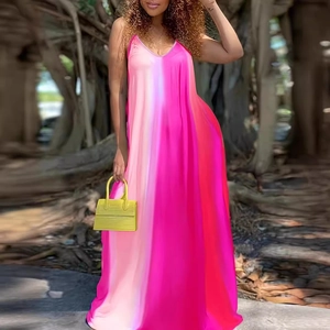 Women's sexy V-neck sleeveless maxi dress with pink ombre gradient pattern and A-line cut