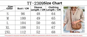 Detailed size chart for women's V-neck pleated short top in khaki showing CM measurements