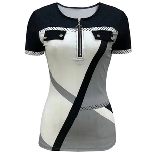 Women's knit short sleeve top with V-neck zipper and 3D geometric patchwork print