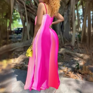 Pink gradient satin maxi dress with spaghetti straps and a flowing A-line silhouette