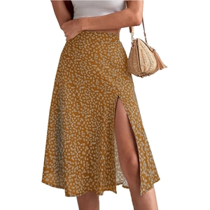 Mustard yellow floral high waist midi skirt with side slit and casual summer A-line fit