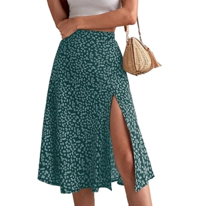 Floral print high waist midi skirt with side slit in dark green and white colors