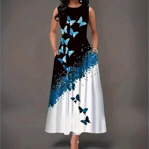 Ärmelloses Maxikleid mit blauem Schmetterlingsdruck und schwarz-weißem Farbverlauf