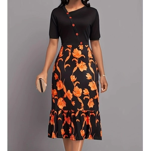 Robe Longue Femme Col en V Manches Courtes Patchwork Maxi Élégante Taille Haute Imprimé Tulipes Ourlet à Volants Coupe Ajustée