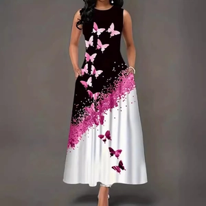 Ärmelloses Maxikleid mit Schmetterlingsdruck, Farbverlauf und praktischen Seitentaschen