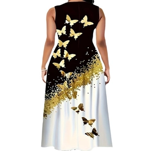 Damen ärmelloses A-Linien-Maxikleid mit schwarz-weißem Farbverlauf und goldenem Schmetterling