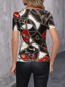 Rear view of slim fit t-shirt with digital chain print and vintage key patterns