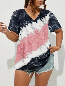 T-shirt femme à col en V avec motif à rayures tie-dye rose noir et blanc pour l'été chic