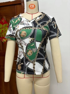 Detail of 3D digital print T-shirt with vintage gold chains and green geometric patterns