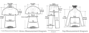 Detailed clothing size chart for t-shirts, dresses, and pants with measurement guides