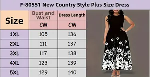Size chart for plus size maxi dress with floral print and sleeveless round neck design