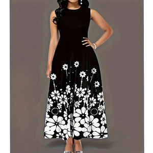 Detail view of black sleeveless maxi dress featuring white floral print on a flared skirt