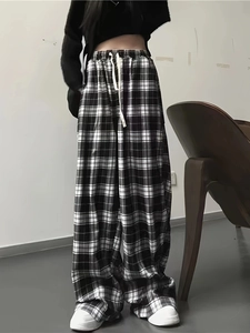 Pantalon à Carreaux Taille Haute pour Femmes Jambe Large Ample Décontracté Pantalon Droit Avec Cordon de Serrage Vintage