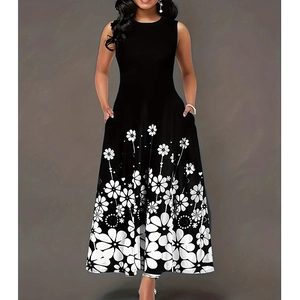Detail of elegant black sleeveless maxi dress featuring white floral print and hidden pockets