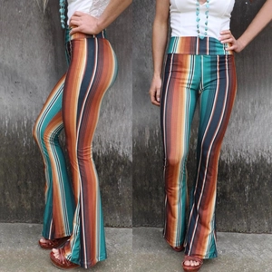 Women High Waist Flared Pants Elastic Bohemian Striped Leopard Print Bell Bottom Trousers Slim Fit Casual Yoga Leggings
