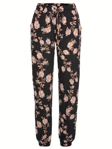 Women's floral high waist joggers with pink flower print and drawstring waistband