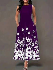Women Plus Size Sleeveless Maxi Dress Round Neck Floral Print A-Line Long Dress With Pockets Casual Summer Evening Party Wear