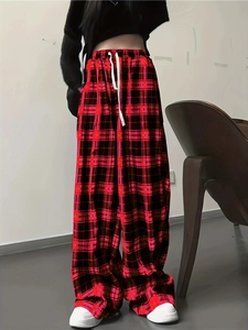 Pantalon femme taille haute à carreaux rouge et noir, jambe large avec cordon blanc