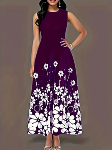 Detail of plus size purple sleeveless maxi dress with large white floral print and A-line cut