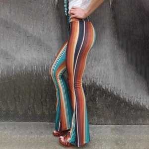 Bohemian high-waisted flared trousers with vintage colorful vertical stripe pattern