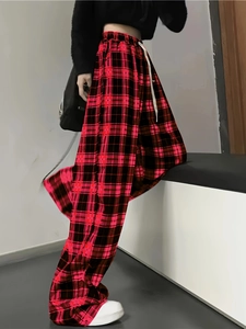 Pantalon large à carreaux rouges et noirs à taille haute avec cordon de serrage