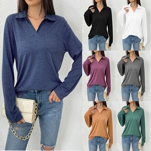 Haut Polo Femme Col en V à Revers Manches Longues Couleur Unie Poche Décontracté Ample T-Shirt Top Printemps Automne Mode Élégant