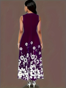Sleeveless long dress in deep purple with white floral print pattern on the hemline
