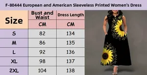 Größentabelle für ärmelloses Boho-Maxikleid mit Sonnenblumenmuster von S bis 2XL