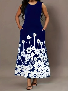 Elegant sleeveless navy maxi dress with white daisy floral print and side pockets