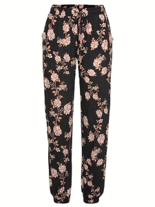 Women's summer high waist floral joggers with drawstring and elastic ankle cuffs