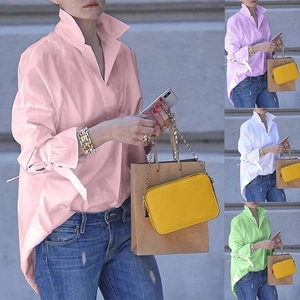 Women Casual Solid Color Polyester Blouse Long Sleeve Bow Lace Up Flare Sleeve V Neck Lapel Loose Plus Size Shirt Top