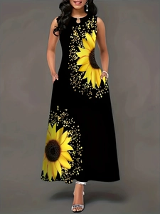 Damen Ärmellos Maxikleid Sonnenblumen-Druck Rundhals Hohl Böhmisch Vintage Großer Saum Langes Schwingkleid Mit Taschen