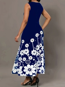 Sleeveless navy blue maxi dress with elegant white floral print and a slim fit cut