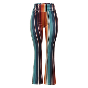 Detail of high waisted flare pants featuring vintage vertical multi-color stripes