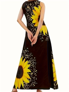 Ärmelloses langes Damenkleid mit Bohème-Sonnenblumenmuster und goldenen Details