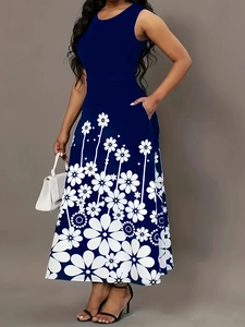 Detail of plus size navy blue sleeveless dress featuring white floral print and side pockets