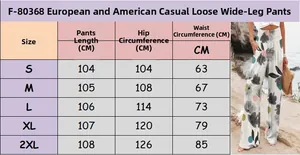 Size chart table for floral wide leg pants showing length, hip and waist measurements