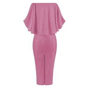 Detail of pink glitter off-shoulder dress with ruffle cape and elegant back slit
