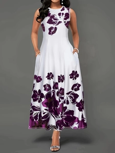 Plus size sleeveless white maxi dress with purple floral print and side pockets