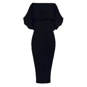 Detail view of the elegant off-shoulder ruffles and bodycon silhouette in black