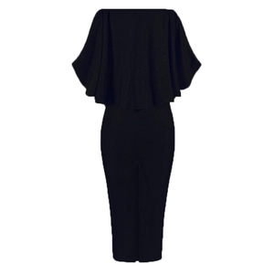 Macro view of elegant black off-shoulder dress with layered ruffle and mermaid silhouette