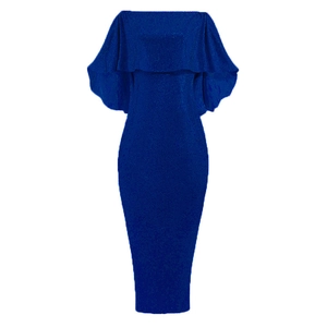 Detail of royal blue off-shoulder dress with sparkling sequins and ruffle sleeve texture
