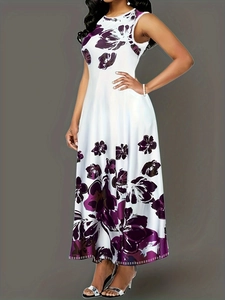 Detail view of plus size white sleeveless maxi dress with elegant purple floral prints