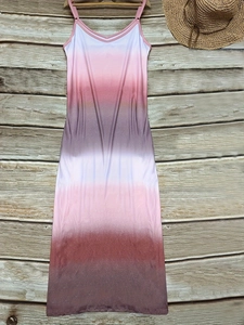 Women's summer spaghetti strap maxi dress featuring a vibrant colorful gradient print
