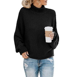 Jersey de cuello alto de punto grueso para mujer en negro con puños acanalados y hombros caídos