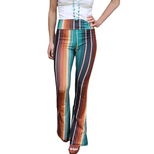 Women's high-waisted flare pants featuring bohemian vertical stripes in vibrant colors
