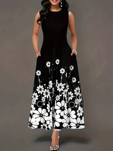 Elegant plus size black sleeveless maxi dress featuring white floral print and side pockets