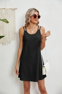 Detail of black lace A-line dress with hollow texture and elegant double straps