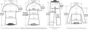 Detailed clothing size chart showing measurements for dresses, t-shirts, tops and pants